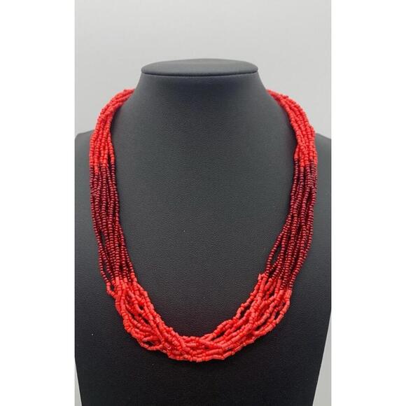 Vintage Simple Red And Burgundy Multi Layered Seed Bead Choker Necklace - Picture 1 of 4